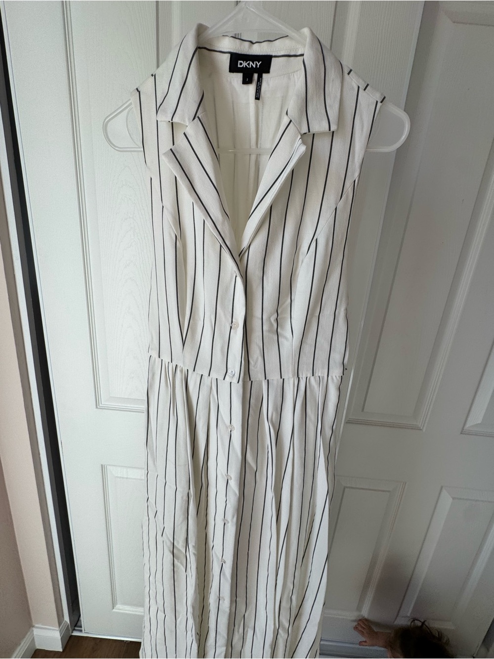 DKNY White and Black Vertical Stripe Sleeveless Maxi Dress